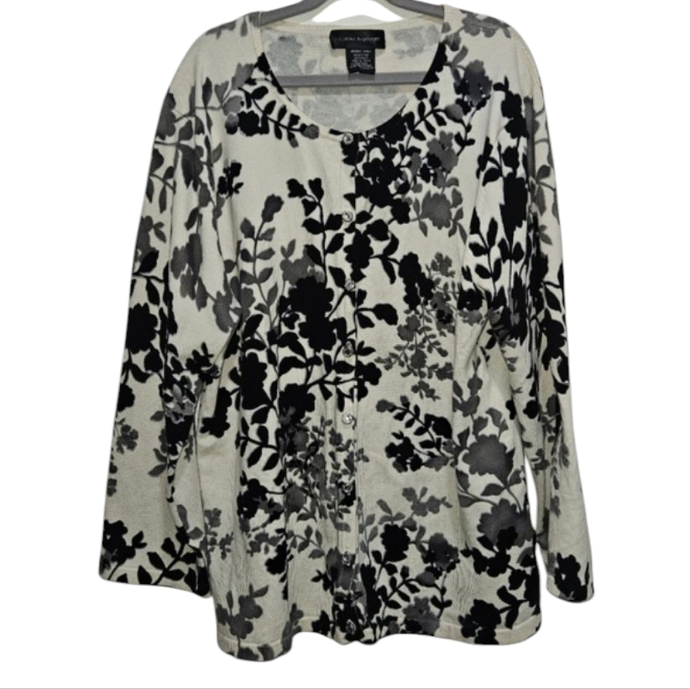 Cable & Gauge Floral Black and Cream White Cardigan Sweater Top Women's XXLarge